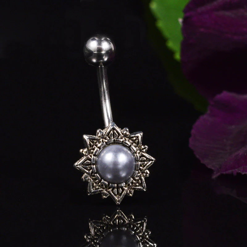 Antique Style Navel Bar with Blue-Grey Pearl
