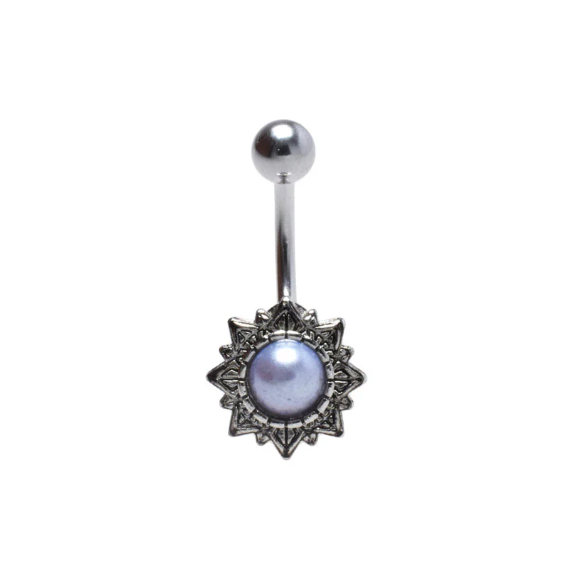Antique Style Navel Bar with Blue-Grey Pearl - Image 2