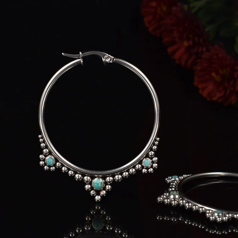 Large Hoop Earrings with Turquoise Stones