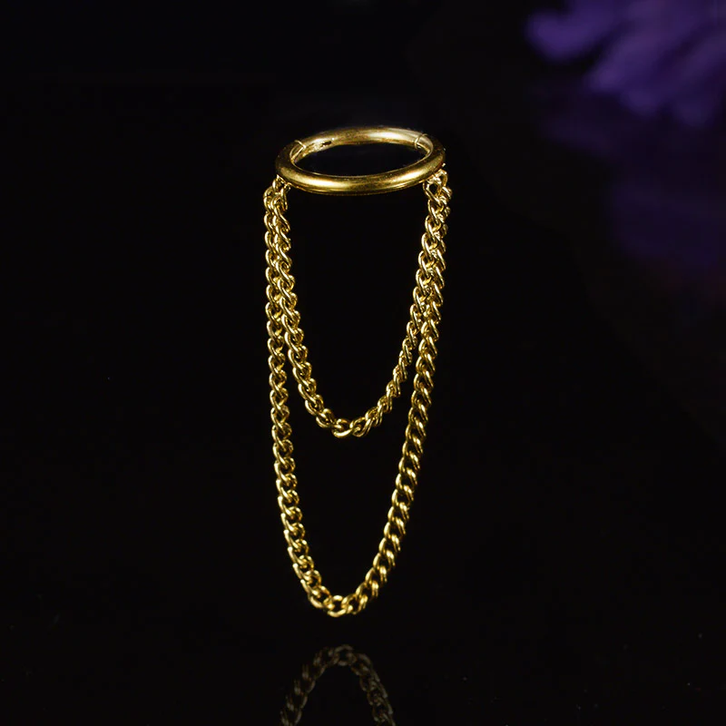 Gold Helix Clicker Ring with Hanging Chains