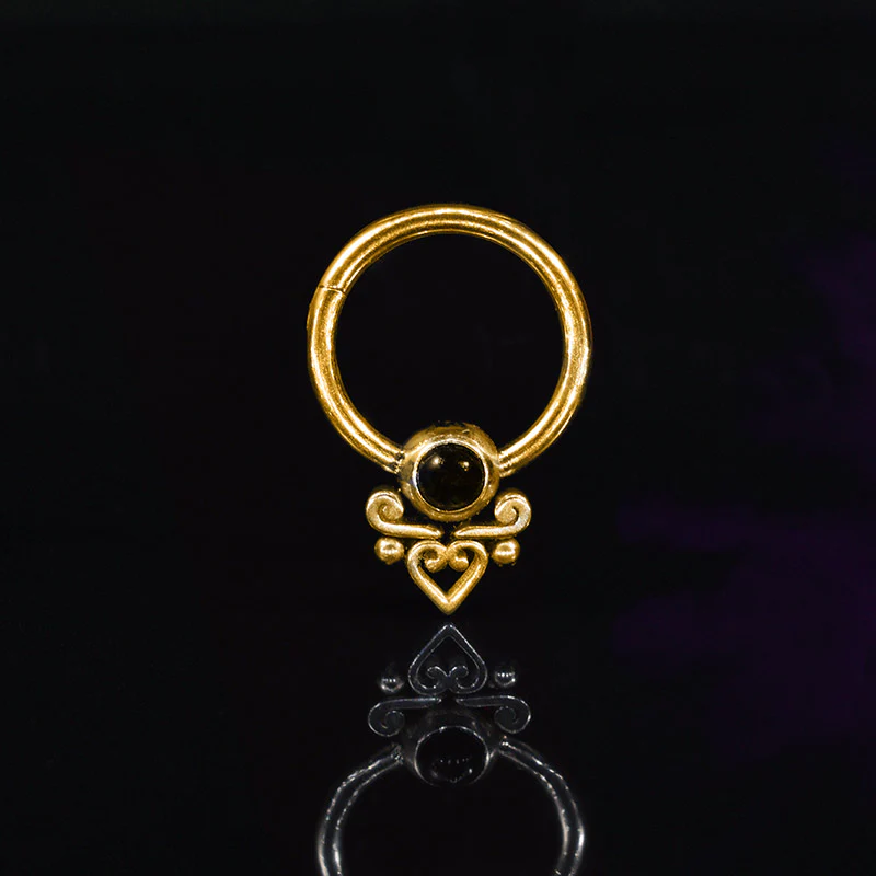 Gold Hinged Segment Ring with Heart Filigree and Onyx Stone