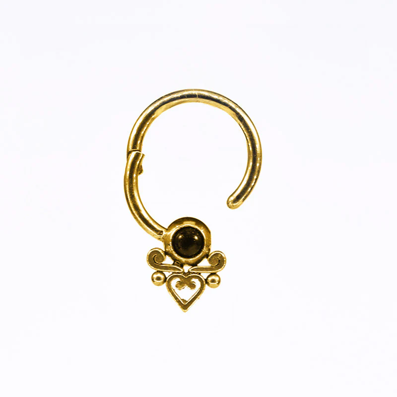 Gold Hinged Segment Ring with Heart Filigree and Onyx Stone - Image 2