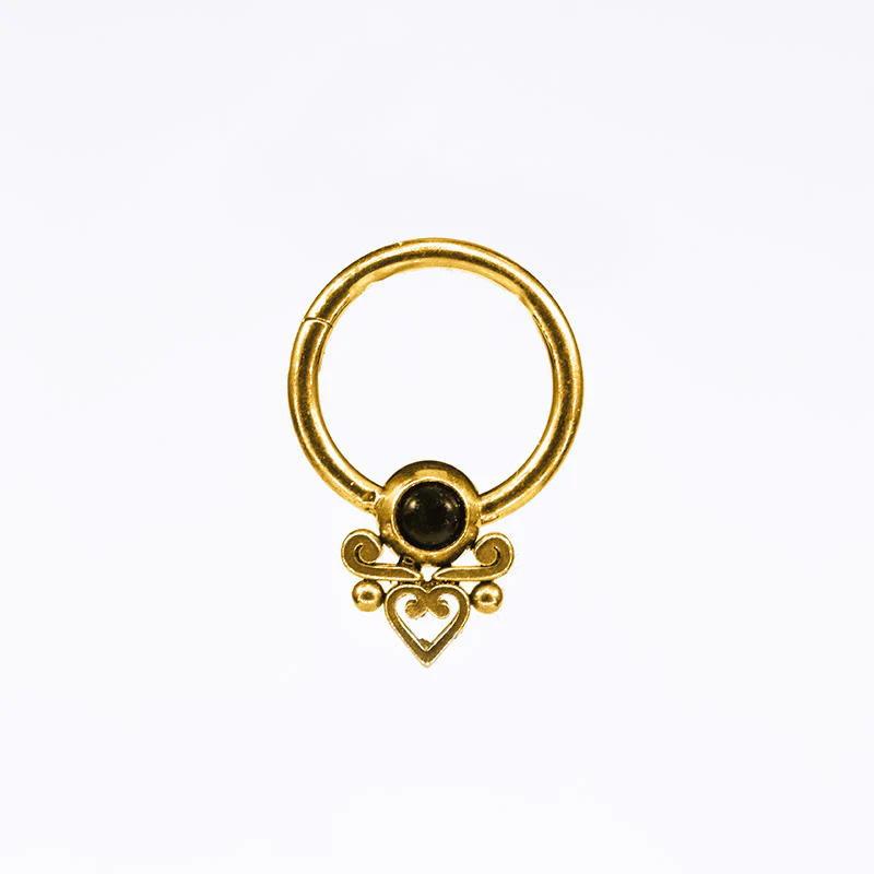 Gold Hinged Segment Ring with Heart Filigree and Onyx Stone - Image 3