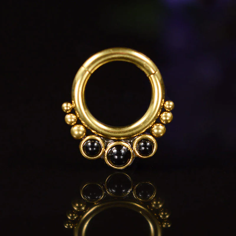 Gold PVD Hinged Segment Ring with Dots and Onyx