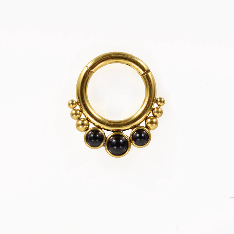 Gold PVD Hinged Segment Ring with Dots and Onyx - Image 2