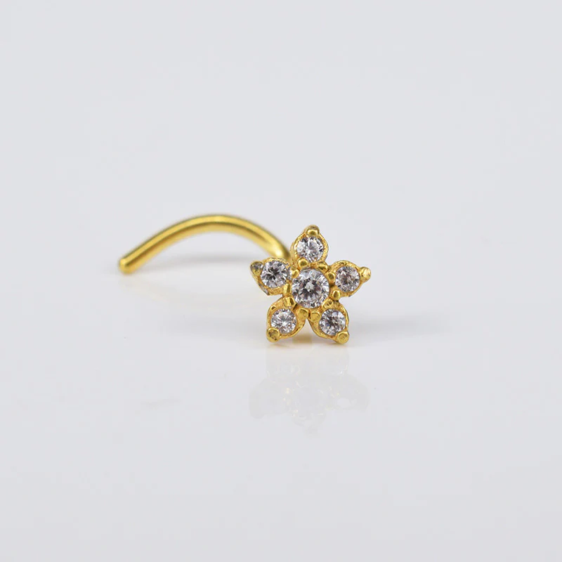 Gold PVD Plated Nose Stud with CZ Flower - Image 2