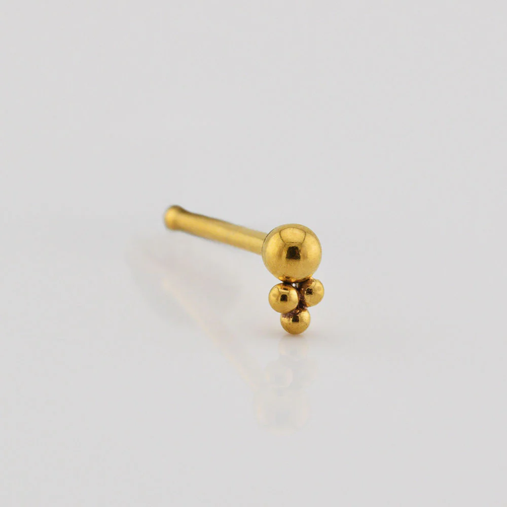 Gold Steel Nose Stud with Triple Beads - Image 2