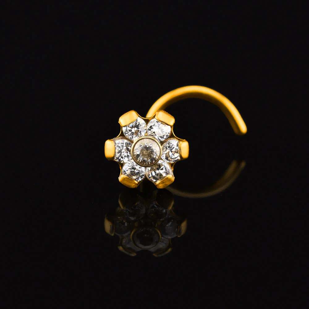 Gold Titanium Nose Stud with Crystal Flower
