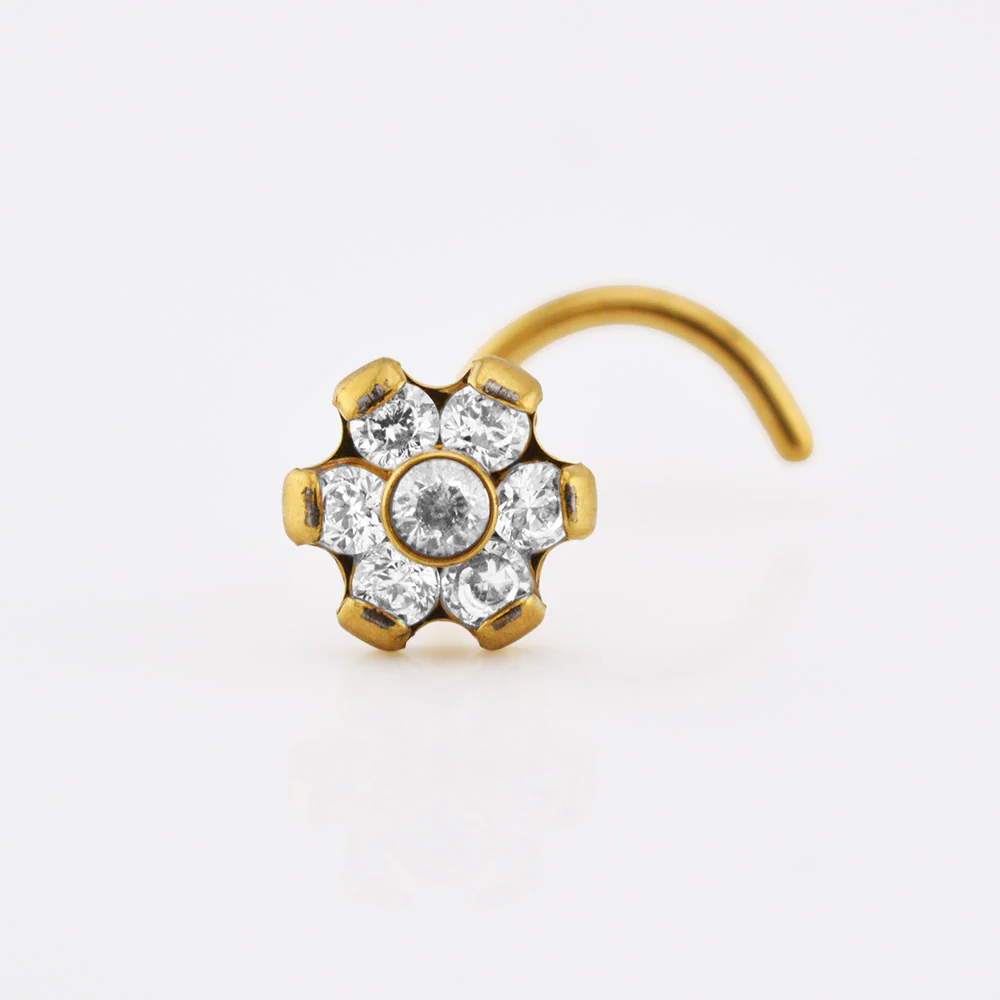 Gold Titanium Nose Stud with Crystal Flower - Image 2