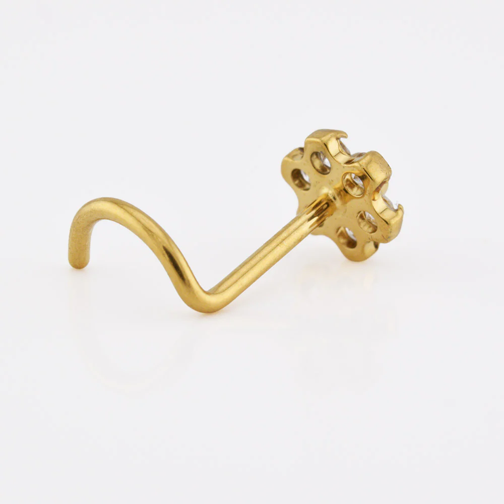 Gold Titanium Nose Stud with Crystal Flower - Image 3