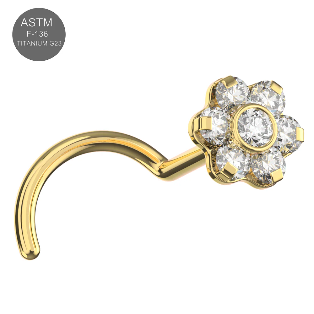 Gold Titanium Nose Stud with Crystal Flower - Image 4