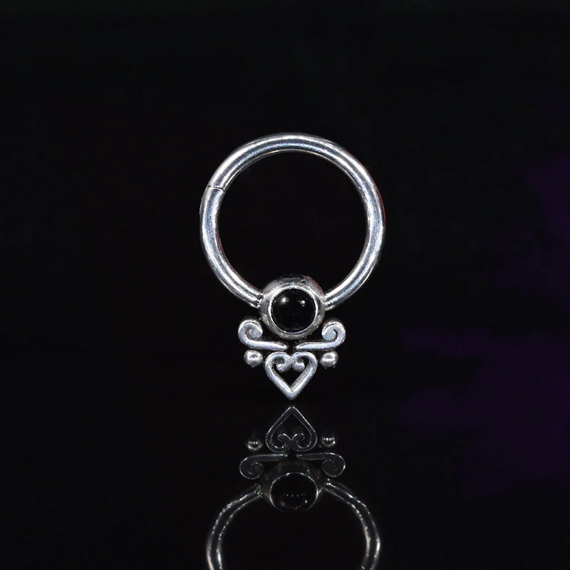Hinged Segment Ring with Heart Filigree and Onyx Stone