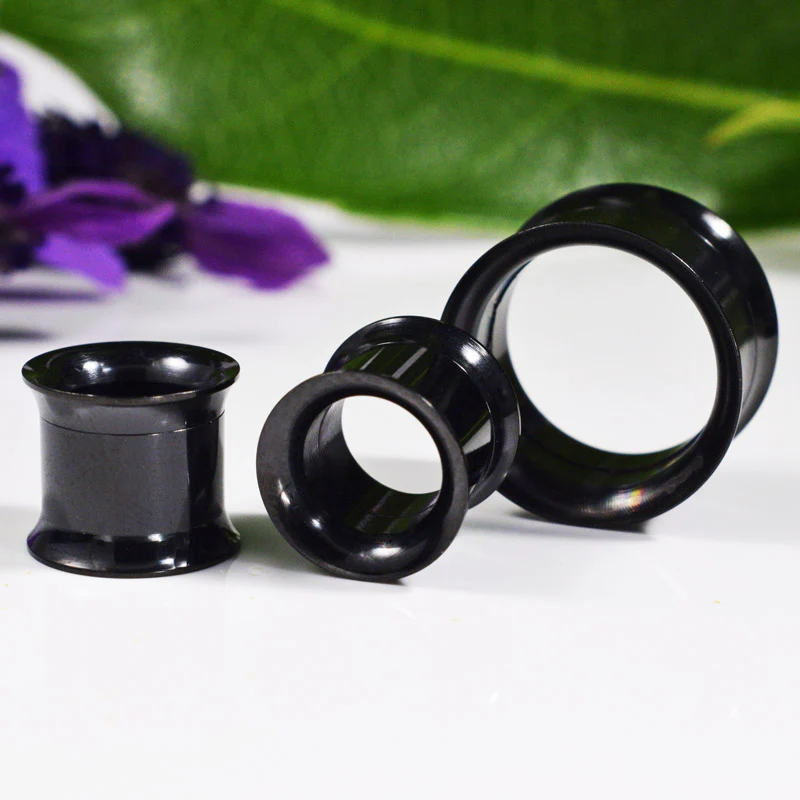Black Ear Tunnels in Surgical Steel, Internally Threaded