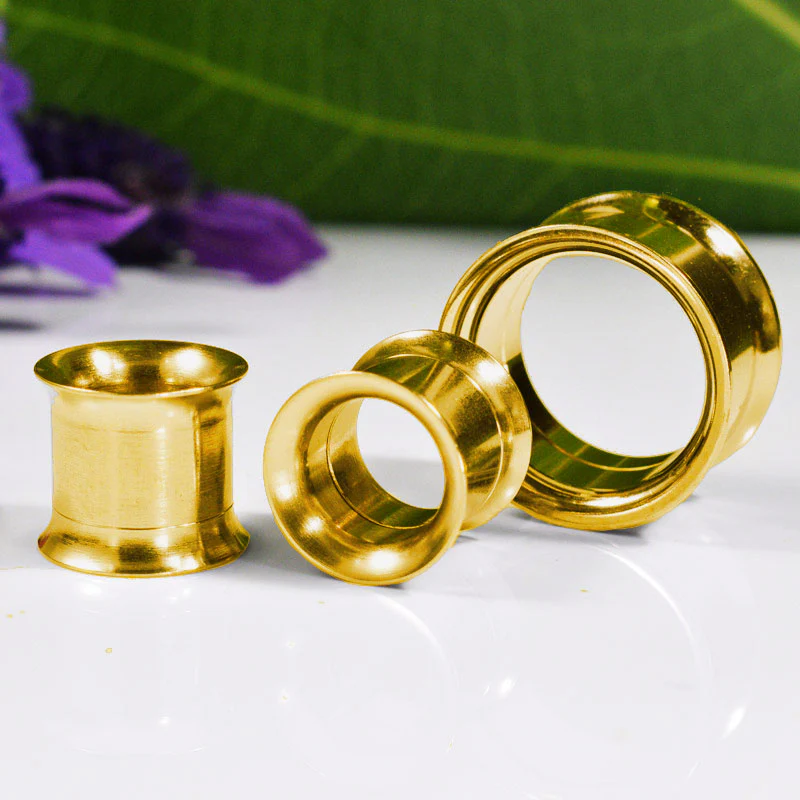 Gold Steel Ear Tunnels, Internally Threaded