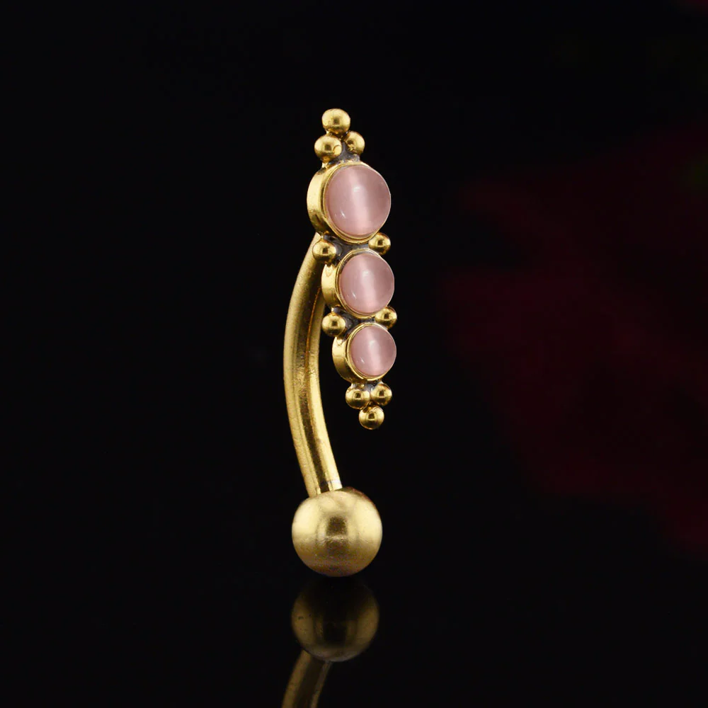 Reverse Navel Bar, Gold with Rose Cats Eyes