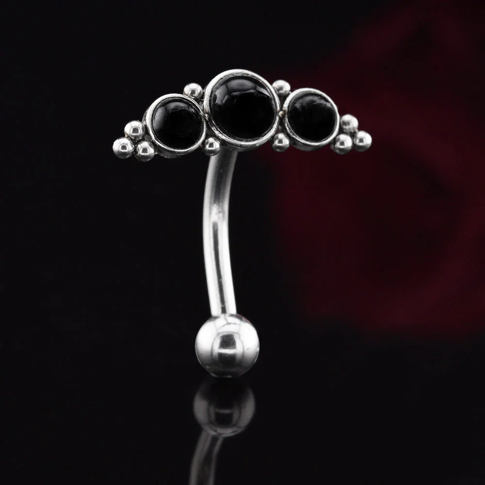 Reverse Navel Bar with Black Onyx Stones