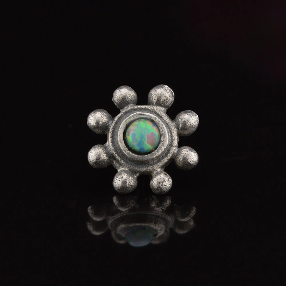 Tribal Opal Flower, Silver Threadless Piercing End