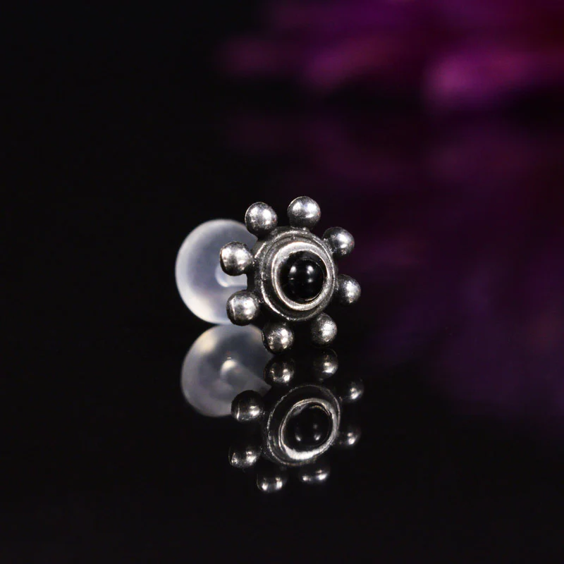 Silver Tribal BioFlex Labret with Onyx Stone