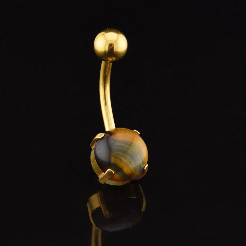 Tigers Eye Navel Bar on Gold Surgical Steel