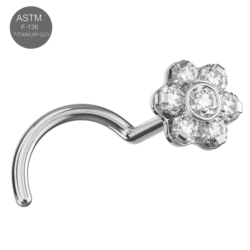 Titanium Nose Stud with Crystal Flower - Image 2