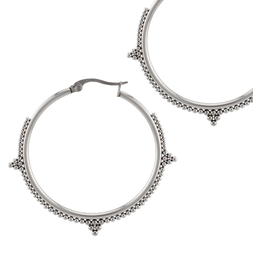Hoop Earrings with Tribal Beading in Steel - Image 2