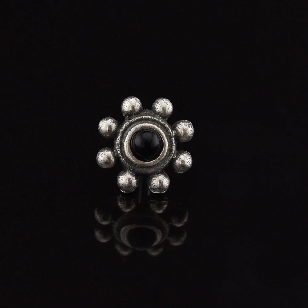 Tribal Indian Nose Stud, Silver with Onyx Stone