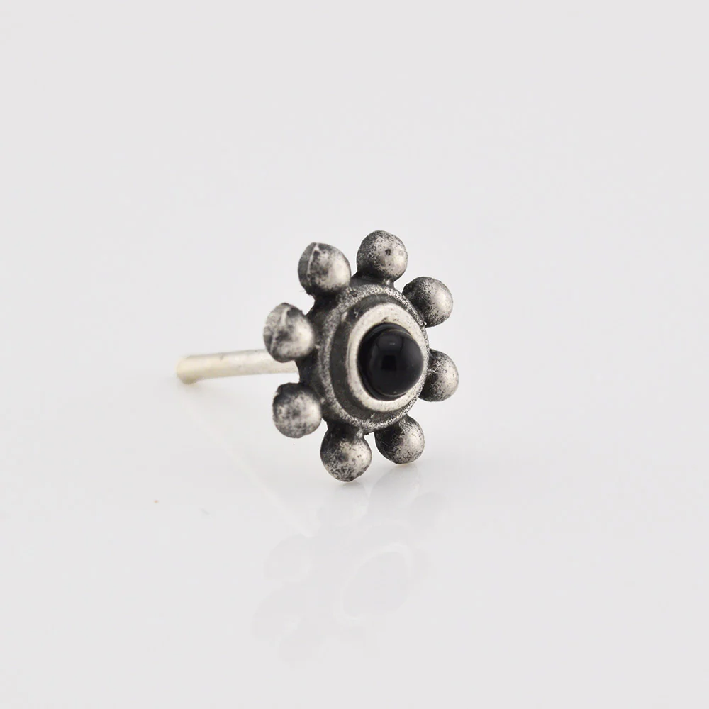 Tribal Indian Nose Stud, Silver with Onyx Stone - Image 2