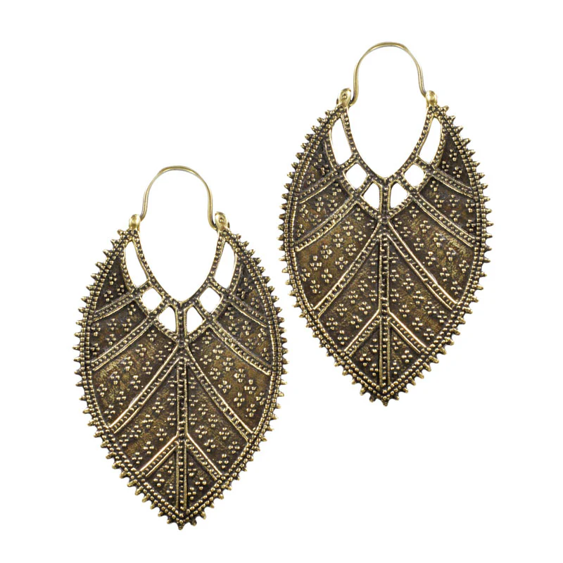 Tribal Leaf Earrings in Brass - Image 2