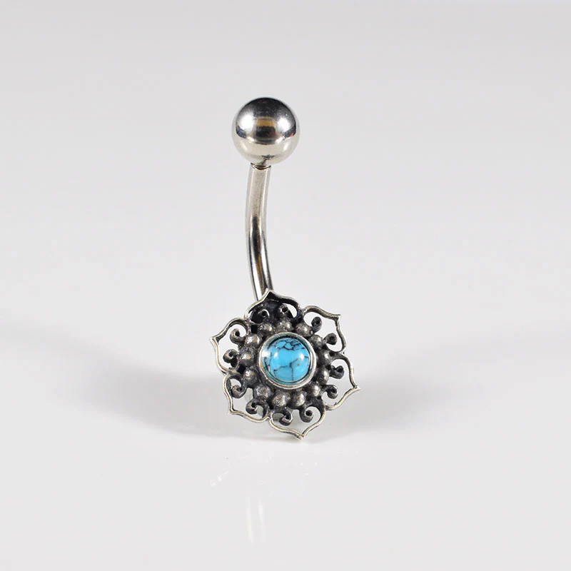 Silver Tribal Navel Bar with Turquoise Stone - Image 2