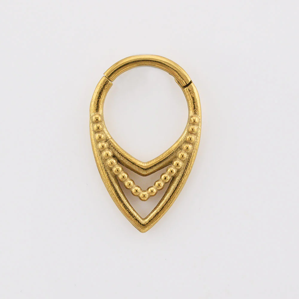 'Kata' Triple V Shape Clicker Ring with Tribal Dots in Gold - Image 2