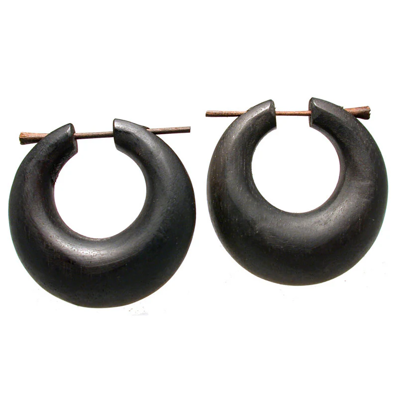Tribal Wooden Hoop Earrings in Dark Wood - Image 3