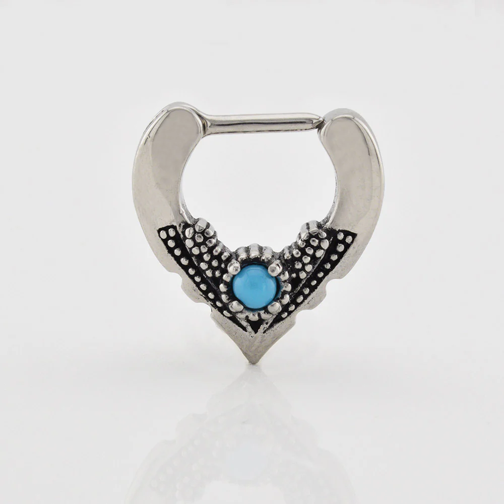 Vintage Style V shape Septum Ring with Turquoise Stone - Image 2