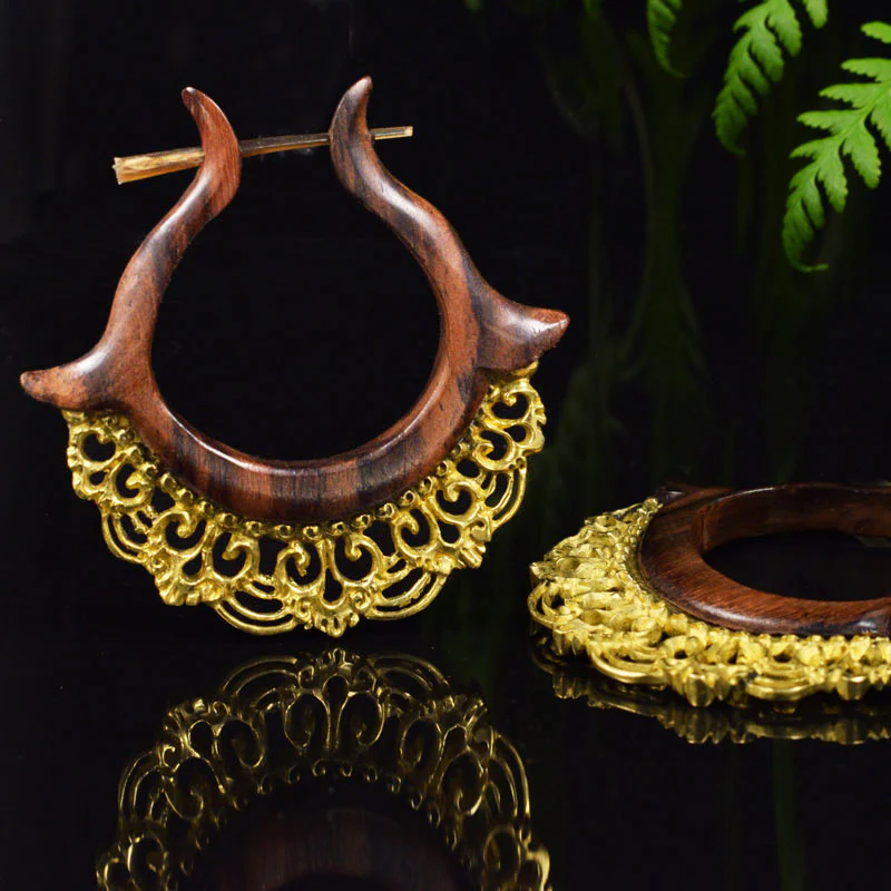 Wooden Earrings with Balinese Brass Filigree