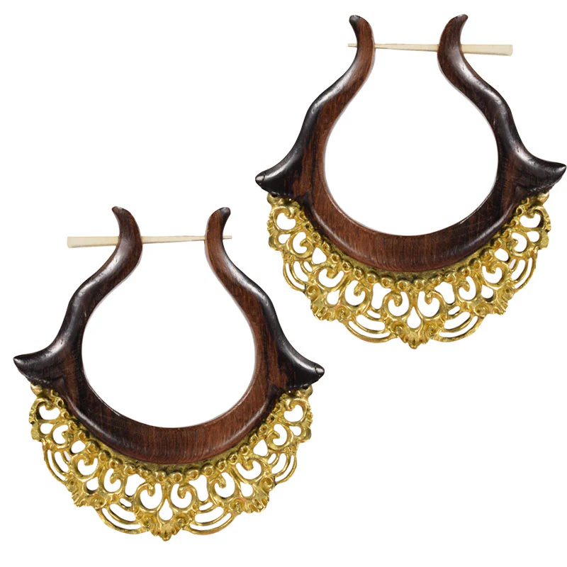 Wooden Earrings with Balinese Brass Filigree - Image 2
