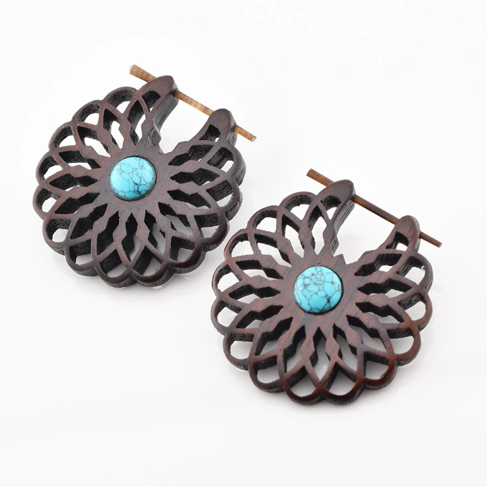 Wooden Earrings with Turquoise Stone