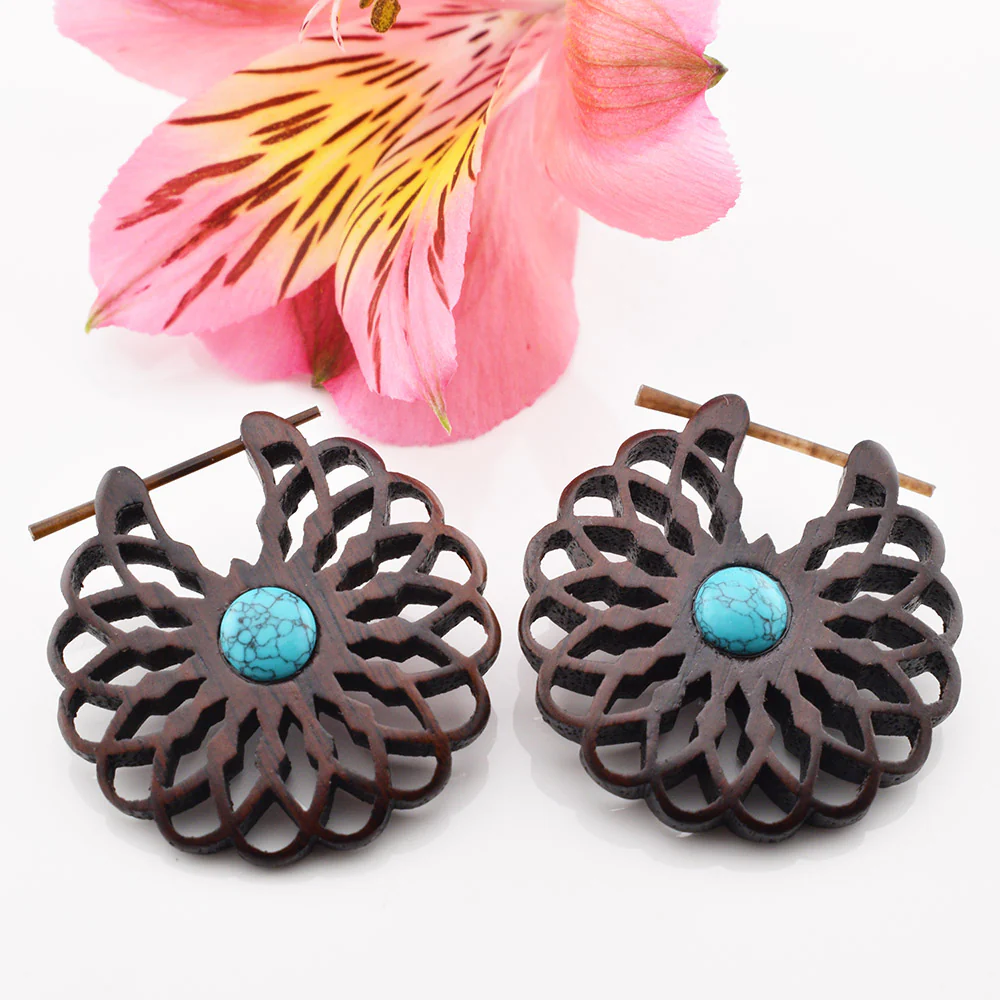 Wooden Earrings with Turquoise Stone - Image 2